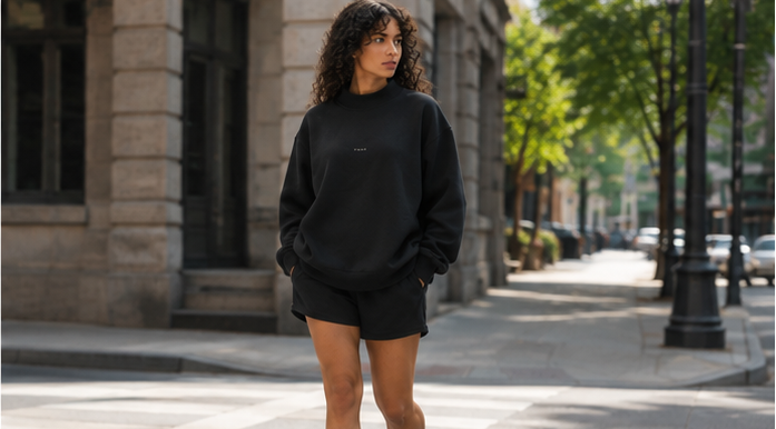 A woman walking on a city street wearing a black crewneck sweatshirt, black shorts, white socks, and white sneakers.