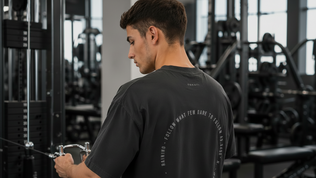 A man in a gym wearing a dark charcoal gray t-shirt with a circular graphic print on the back, sitting on a weight bench.