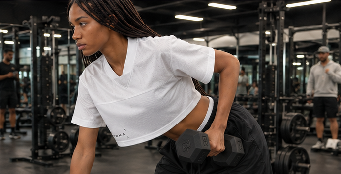 TOKATI women's cropped paneled V-neck jersey styled for a gym workout