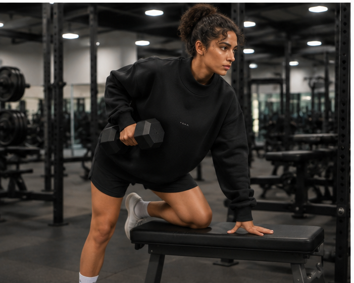 TOKATI Women's Essential Fleece Mock-Neck Crew Sweatshirt styled for a gym workout